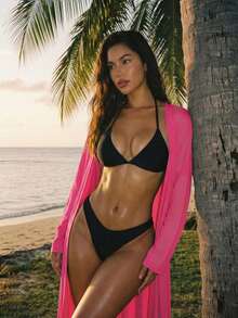 Swim Vcay Áo khoác kimono dài màu trơn dành cho nữ, thích hợp cho kỳ nghỉ biển. - Màu Đỏ Sâu - Xem 2