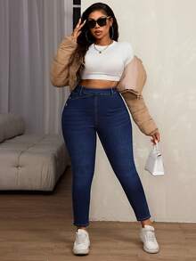 SHEIN SXY Quần jean skinny cỡ lớn dành cho nữ, có chun co giãn và cúc cài bên hông. - Màu xanh lam - Xem 6