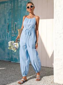 Vivid Eden Women's Casual Backless Jumpsuit With Textured Fabric, Suitable For Summer Vacation And Leisure - Blue - View 3