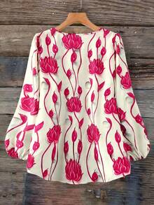 EMERY ROSE Áo sơ mi nữ cỡ lớn in hoa cổ tròn tay dài, kiểu dáng thường ngày, màu xanh trắng, thích hợp mặc mùa thu, áo dự lễ hội nhạc đồng quê, áo nữ mùa thu, trang phục ngoài trời, hàng mới về năm 2025, áo lụa tay phồng cho nữ, áo sơ mi nữ tay dài in hoa, áo sơ mi nữ màu hồng in hoa, áo sơ mi tay dài dáng rộng cho nữ. - Màu Hồng Tươi - Xem 2