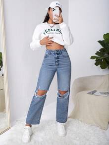 SHEIN EZwear 女士纯色休闲破洞牛仔裤 - 藍色 - 查看 3