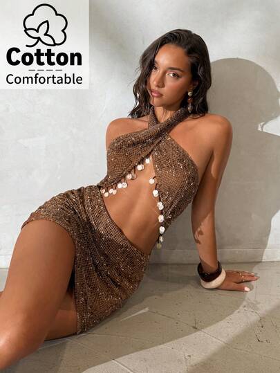 Aloruh Women's New Solid Brown Mini Dress, Long Sleeve Dress With Fringe Patchwork Design, Bohemian Style Vacation Dress