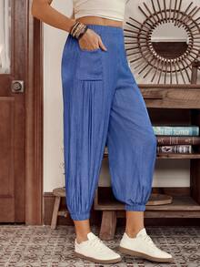LanaWest Western Style Versatile Denim Pants With Pockets & Ruched Hem, Loose Fit Women Trousers, Suitable For All Seasons - Blue - View 5