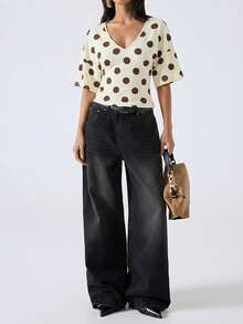 LYSMO 2026 New Arrival Women's Simple Brown Polka Dot Flare Sleeve Shirt, Versatile For Commuting/Christmas/New Year/Thanksgiving/Graduation, Elegant & Fashionable, Casual Comfortable Homewear, Deep V-Neck Design, Figue Color - Multicolor - View 3