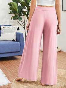 SHEIN Essnce Women's Solid Color High Waist Casual Loose Wide Leg Knit Pants Lounge Dusty Pink Autumn - Pink - View 2