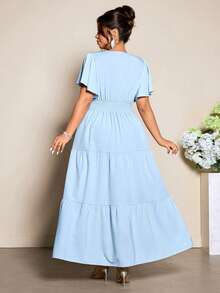 Elenzga Plus Size Women's Elegant Waist Cinched A-Line Long Sleeve Midi Dress, Suitable For Commuting, Spring/Summer - Blue - View 2