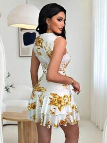 Vavine 女士时尚印花无袖短连衣裙，夏季 - 黃色 - 查看 2