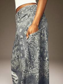 Denimoi 佩斯利花纹阔腿宽松男友风牛仔裤，时尚街头风宽松牛仔裤 - 藍色 - 查看 4