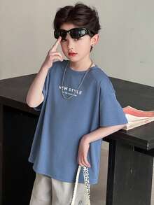 Dazy Kids Áo thun ngắn tay cổ tròn in chữ cho bé trai tuổi teen, kiểu dáng thường ngày, đa năng, thích hợp mặc mùa hè. - Màu xanh lam - Xem 2