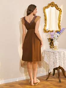 Elegant Lace Slip Dress, Mature Southern French Style - Brown - View 2