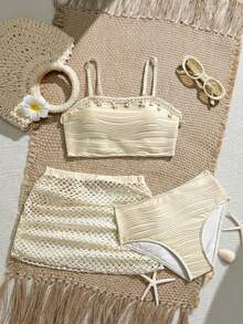 SHEIN 少女度假贝壳边纹理泳衣套装，含罩衫和迷你裙 - 杏色 - 查看 1