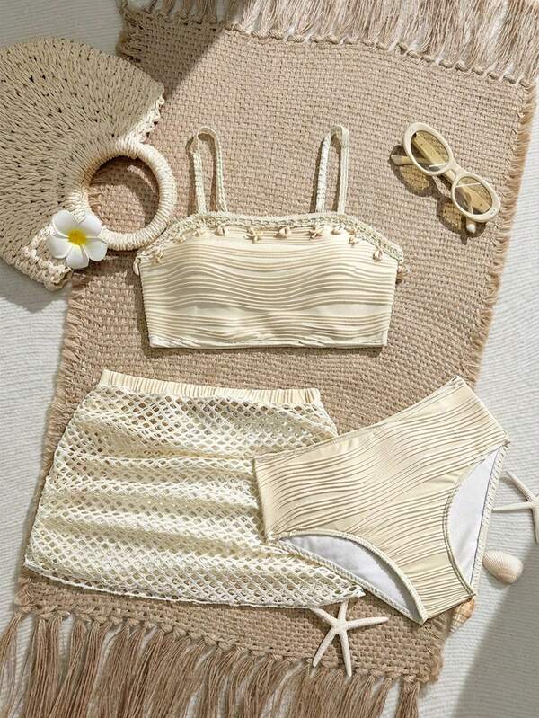 SHEIN Tween Girl Vacation Shell Trim Textured Swimsuit Set With Cover-Up And Mini Skirt Modest Bikini Set Girls Beach Sets Swimwear Girls Set Seashell Bathing Suit Beach Clothes Beach Girl Outfit 3pcs Bikini Set 3 Piece Bathing Suit Teen Girl Tween Bathing Suits 3 Piece Set Three Piece Swimsuit Set Swimsuits White Three-Piece Swimsuit Set Khaki Beach Outfit Three-Piece Bathing Suit Vacation Two Piece Set Crochet Two Piece Set Three Piece Bathing Suit 3 Piece Bikini Set Girls Khaki Beach Outfit