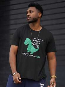 Heavens Edit 男式恐龙口号印花圆领休闲通勤 T 恤 - 黑色 - 查看 6