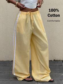 Muchica 女士宽松亚麻拼接休闲裤，浅黄色，春夏款 - 黃色 - 查看 1