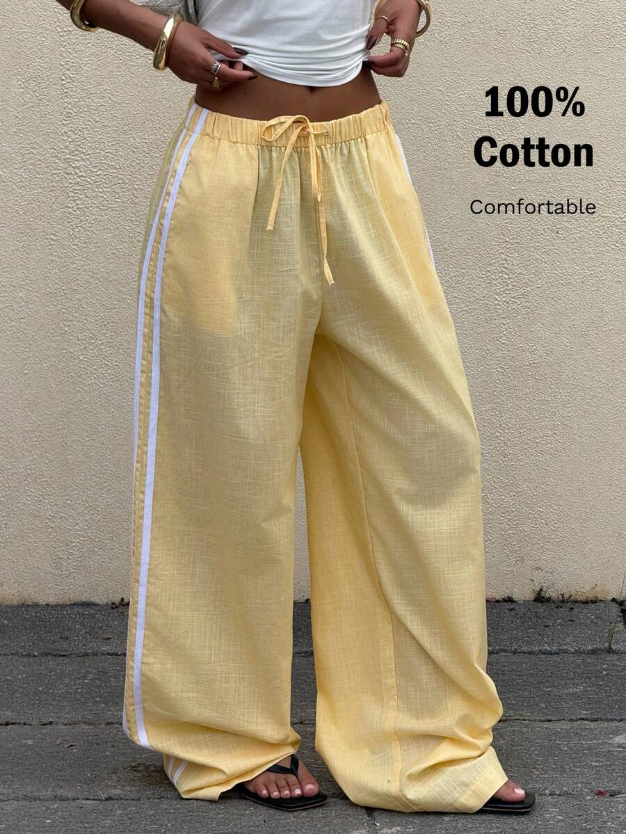 Muchica 女士宽松亚麻拼接休闲裤，浅黄色，春夏款 - 黃色 - 查看 1