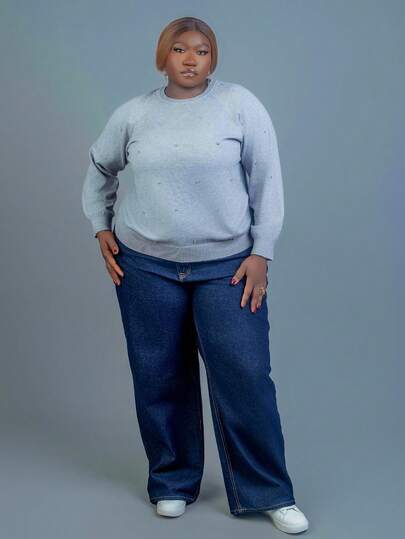 CurvyTilda Plus Size Women's Grey Rhinestone Embellished Crewneck Sweater, Autumn/Holiday Sweater, For Winter