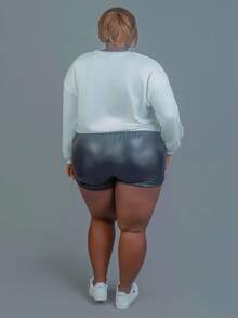 CurvyTilda Plus High Waist Roll Up Hem PU Leather Shorts - Black - View 5