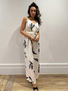 RebeccaVibe 女士简约印花连体裤，适合通勤和日常穿着 - 杏色 - 查看 4