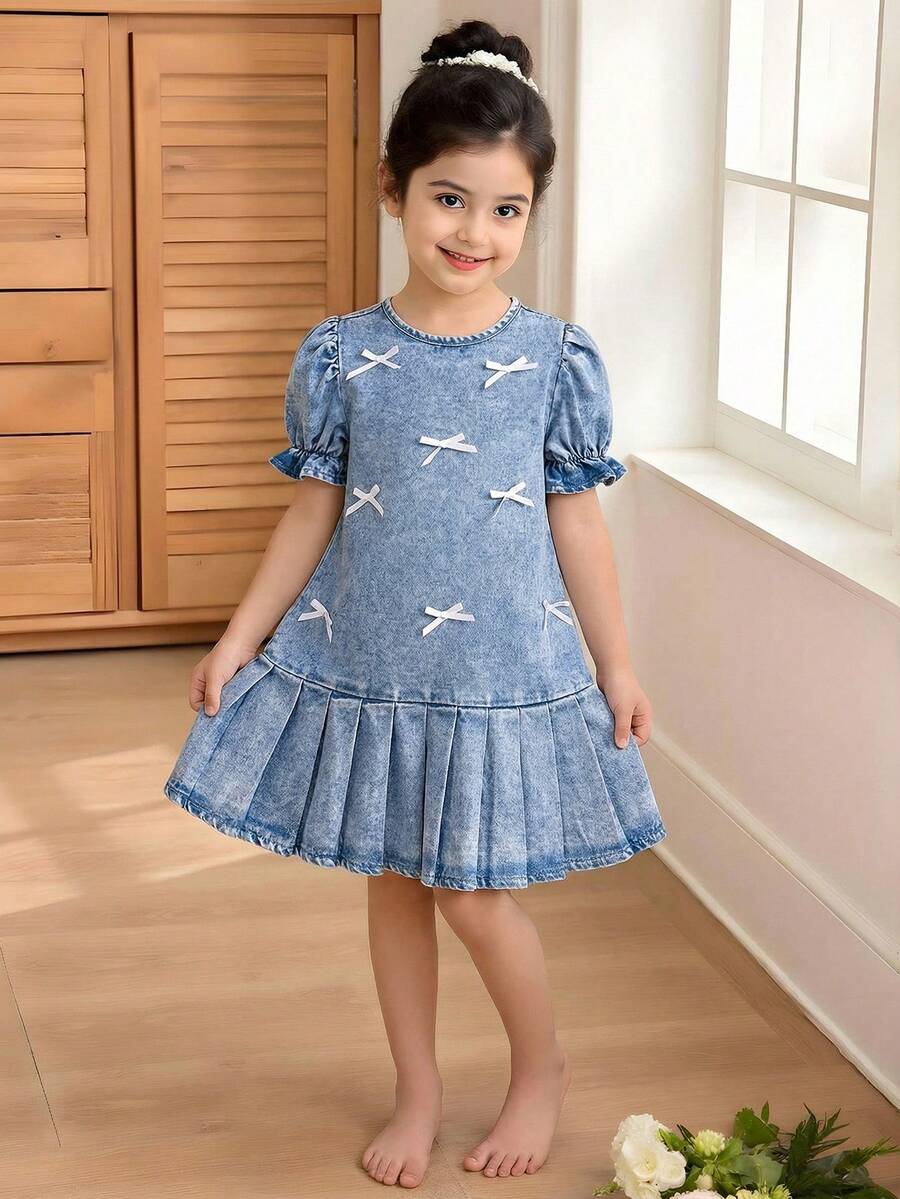 Young Girl' White Ribbon Bow Accent Blue Denim Ruffle Trim Puff Sleeve Dress - Light Wash - View 1