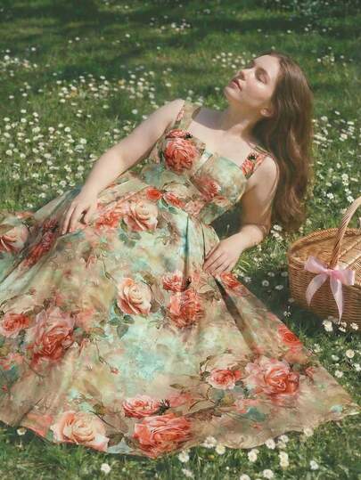 SHEIN MOD Plus Size Vintage Square Collar Puff Sleeve Dress, Oil Painting Floral Print Romantic Dress, Elegant Party Dress/Valentine's Day.Spring/Summer Holiday Party Outfits & New Year Outfits.Sisters' Tea Party