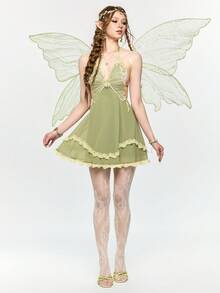 ROMWE Fairycore 仙女风蕾丝拼接系带露背迷你连衣裙 - 綠色 - 查看 2