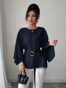 Selianne Women's French Style Round Neck Batwing Sleeve Waist Tie Shiny Red Blouse, Spring/Summer Fall Cloth For Women - Navy Blue - View 4