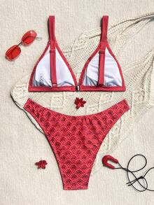 Swim Mod 2件套女士碎花侧高衩丁字比基尼泳衣，沙滩度假 - 紅色 - 查看 7