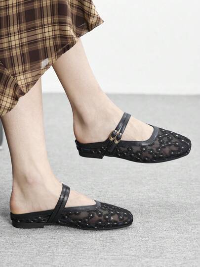 CUCCOO BIZCHIC 女士黑色网纱刺绣雏菊穆勒鞋