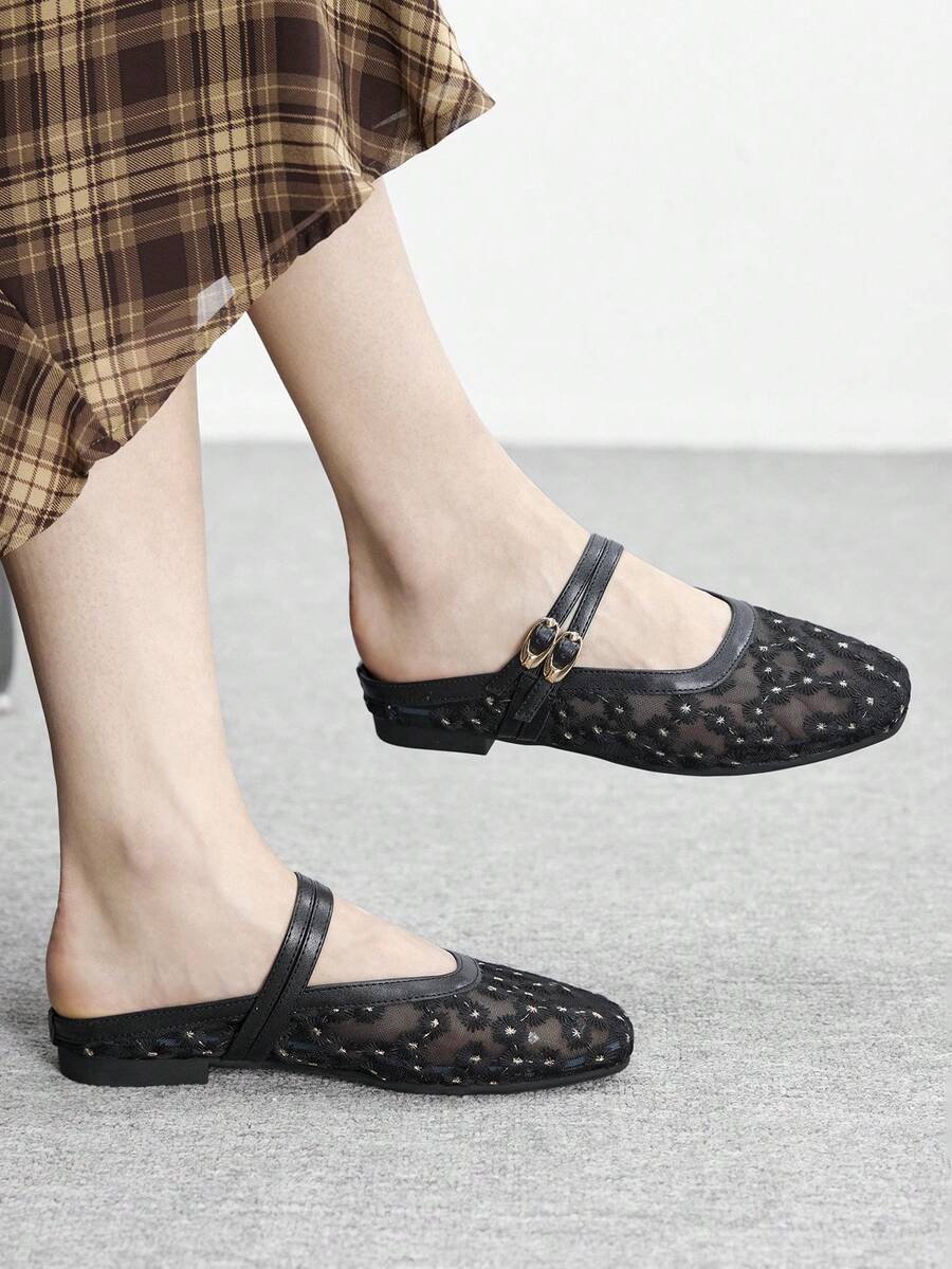 CUCCOO BIZCHIC 女士黑色网纱刺绣雏菊穆勒鞋 - 黑色 - 查看 1