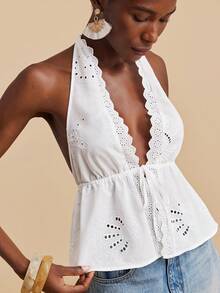 Travachic 2026 New Spring/Summer Sleeveless Lace Trim Embroidered Halter Neck Fitted Blouse, Suitable For Vacation/Casual/Date/Beach/Travel - White - View 2