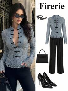 Firerie 女士白色蕾丝黑色纽扣腰长袖衬衫，复古宫廷风上衣，新款中国风衬衫，白色蕾丝长袖衬衫，半透明蕾丝上衣，适合春、夏、秋季穿着，优雅百搭，通勤、约会、派对、婚礼、毕业典礼、演出、音乐会、工作、返校、年会、女士生日等场合。 - 霧霾藍 - 查看 1