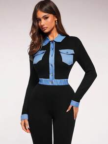 Radiana Women's Contrast Color Button Half Placket Long Sleeve Pocket Design Casual Jumpsuit,Spring To Summer, - Black - View 8