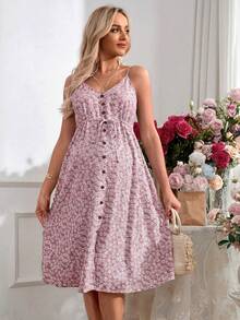 SHEIN Đầm bầu ôm sát dài đến đầu gối, có dây đeo điều chỉnh được, thích hợp cho kỳ nghỉ lãng mạn. - Hồng - Xem 3