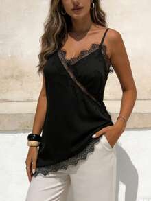 Pariaura Petite Camiseta sin mangas de mujer casual urbana con cuello en V, bajo asimétrico de encaje y parches de unicolor - Negro - Ver 5