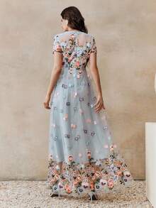 Anewsta Đầm chữ A màu hồng thanh lịch mới, thêu hoa, thích hợp cho kỳ nghỉ, tiệc sinh nhật dành cho nữ. - Màu xanh lam - Xem 4