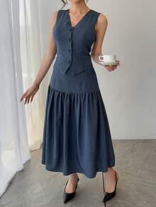 DAZY Women's Solid Color V-Neck Sleeveless Fashionable Minimalist Summer Suit - Blue - View 5