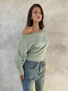 Aloruh Áo dệt kim tay dài màu mơ, kiểu dáng bất đối xứng vai, dành cho nữ, mẫu mới Thu/Đông. - màu xanh lá - Xem 6