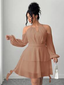 Elenzga Plus Size Women's Open Shoulder Solid Color Keyhole Neck Lantern Sleeve Dress - Khaki - View 3