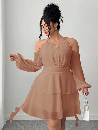 Elenzga Plus Size Women's Open Shoulder Solid Color Keyhole Neck Lantern Sleeve Dress