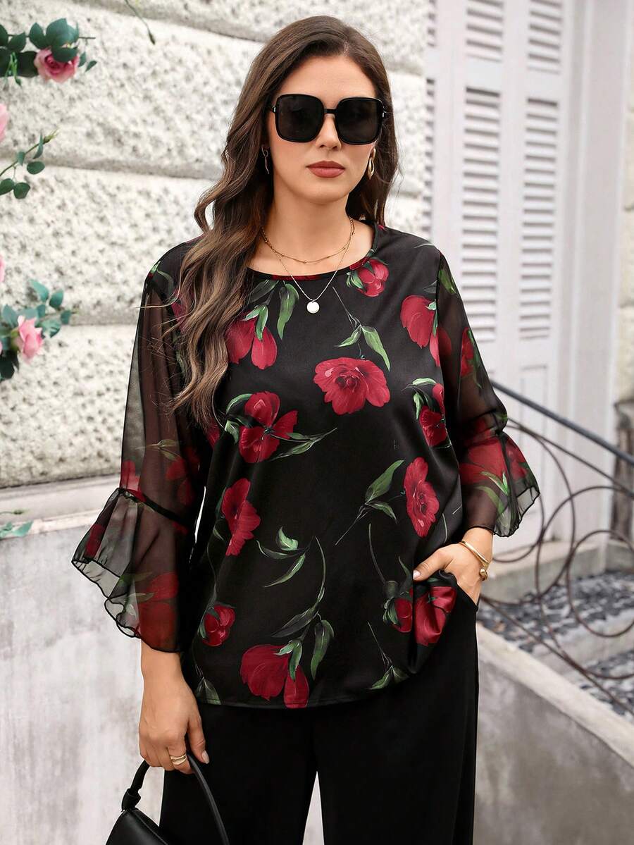 Miaspire 大码女式花卉印花休闲圆领荷叶边七分袖衬衫 - 紅色 - 查看 1