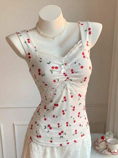 Comfortcana Women's Summer Fruit Cherry Contrast Lace Bow Decor Knit Camisole Top, Fruit Cherry Vest, Suitable For Music Festivals, Vacation Season, Parties, Beach, Gatherings