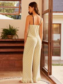Lullawish Knitted Jacquard Contrast Color Ruffle Bohemian Boho Style Casual Vacation Camisole Women Pajama Set - Yellow - View 2