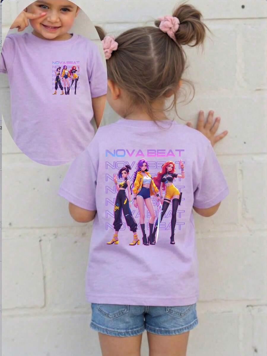 SHEIN Young Girls' Basic Short Sleeve Round Neck Casual Cartoon Print T-Shirt, Summer - White - View 1