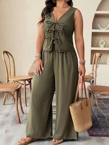 Weeklong Conjunto de 2 piezas de talla grande de unicolor, con cordones, sin mangas, casual, con diseño hueco, cómodo y versátil para el verano - Verde militar - Ver 5