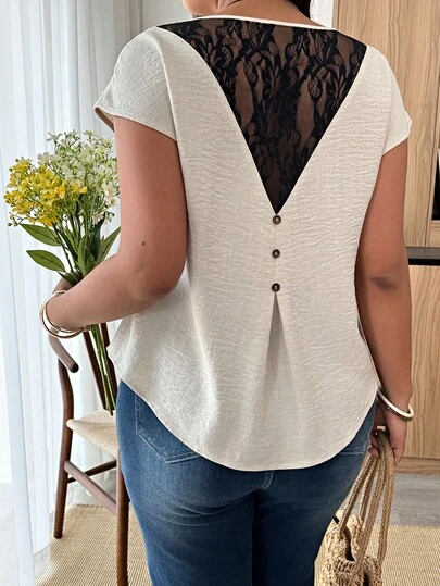 Weeklong Koszula z lnu i bawełny z okrągłym dekoltem, koronką i koronkowym wykończeniem z tyłu – elegancka, modna koszula w dużych rozmiarach do biura i na co dzień, wiosną i latem