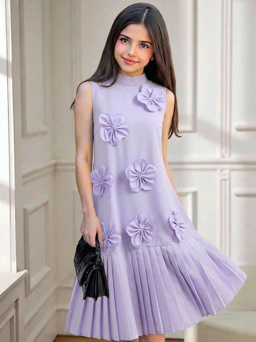 SHEIN 少女紫色纯色立领3D立体花卉装饰褶皱下摆A字无袖优雅连衣裙 - 紫色 - 查看 1