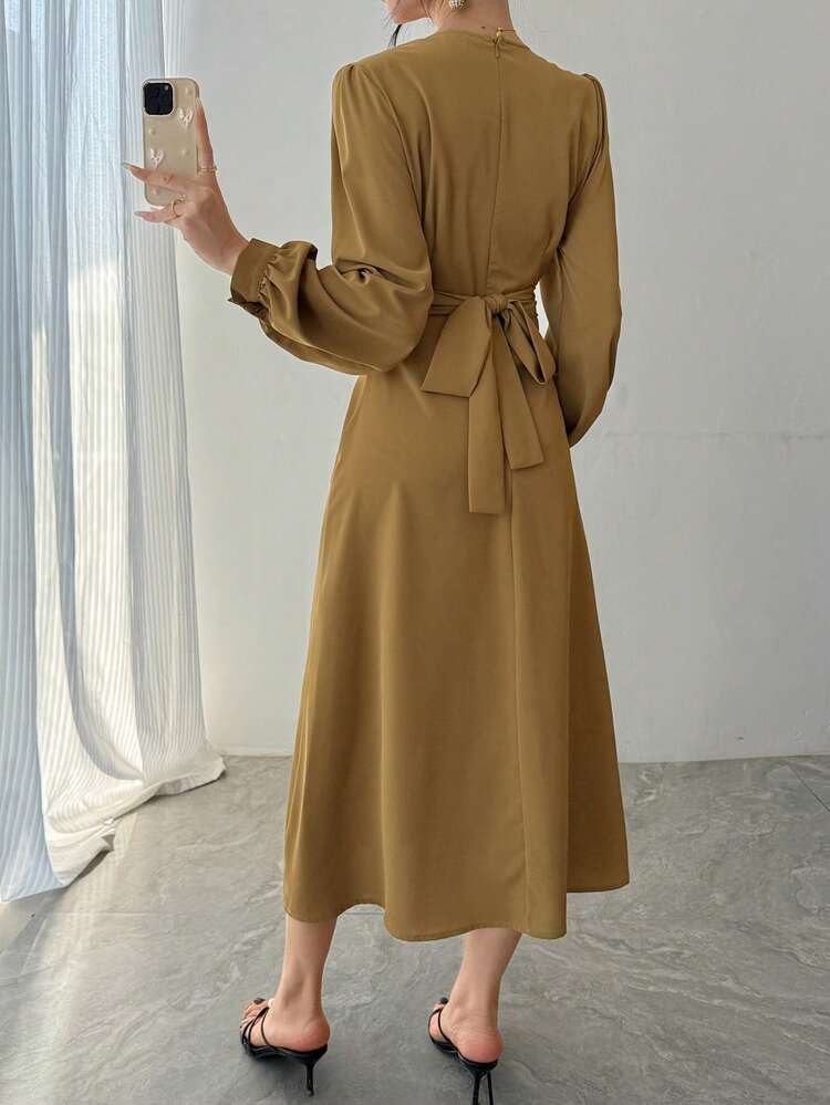 Women's Elegant Solid Color V-Neck Puff Sleeve Tie Waist Mid-Length Dress, Spring/Summer Wedding Guest Dress Maxi Dress Sundress