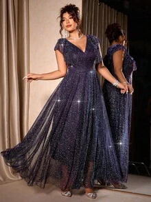 Cravure Stunning Purple Glitter Plus Size Maxi Dress With V Neck Flounce Short Sleeves A Line Fit For Evening Parties - Purple - View 6