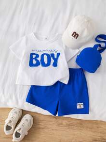SHEIN 3pcs/Set Baby Boy Baby Boy Casual Cute White T-Shirt Knit Top, Navy Blue Crossbody Bag And Shorts Set, Spring/Summer - Royal Blue - View 3