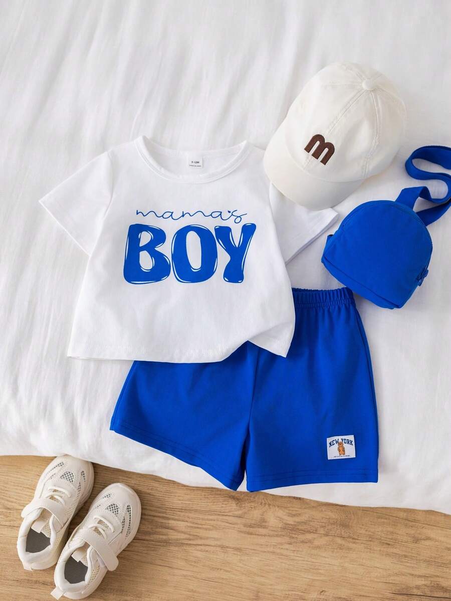 SHEIN 3pcs/Set Baby Boy Baby Boy Casual Cute White T-Shirt Knit Top, Navy Blue Crossbody Bag And Shorts Set, Spring/Summer - Royal Blue - View 1